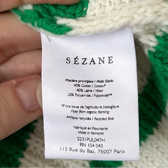 Sezane Kyam Sweater Ecru and Green Stripe Cotton Wool Blend - Size Medium - Picture 9 of 11